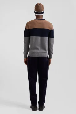 Regular grey and camel cotton crew neck jumper with knit patterns