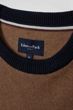 Regular grey and camel cotton crew neck jumper with knit patterns
