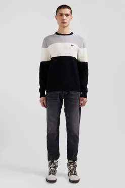 Regular grey and white cotton crew neck jumper with knit patterns