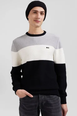 Regular grey and white cotton crew neck jumper with knit patterns
