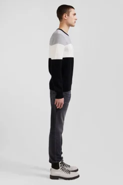 Regular grey and white cotton crew neck jumper with knit patterns