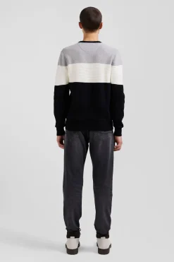 Regular grey and white cotton crew neck jumper with knit patterns