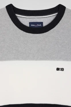 Regular grey and white cotton crew neck jumper with knit patterns