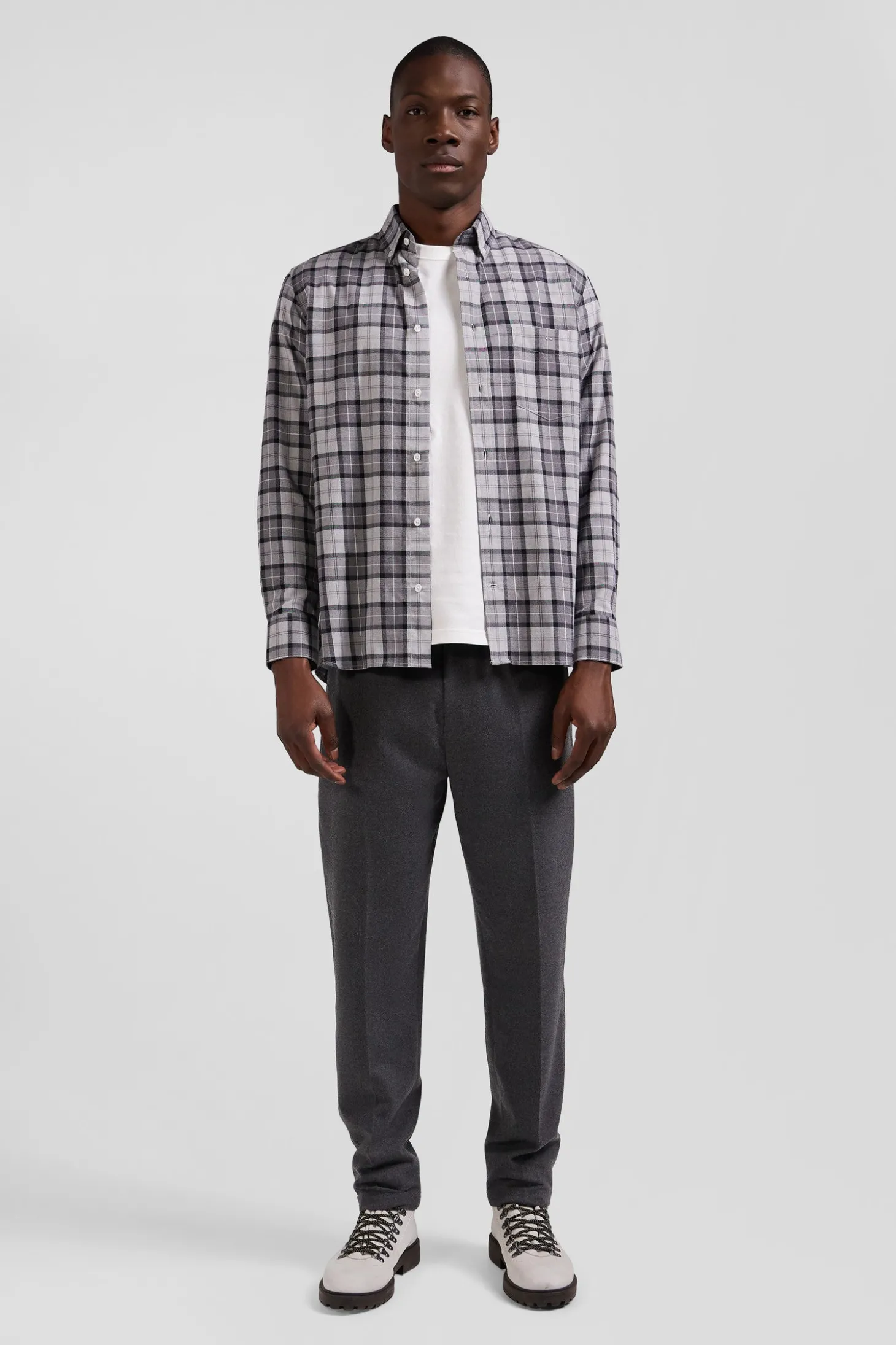 Regular grey checked cotton twill shirt