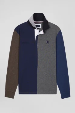Regular grey colorblock long-sleeved cotton rugby shirt