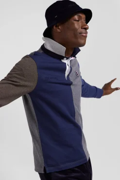 Regular grey colorblock long-sleeved cotton rugby shirt