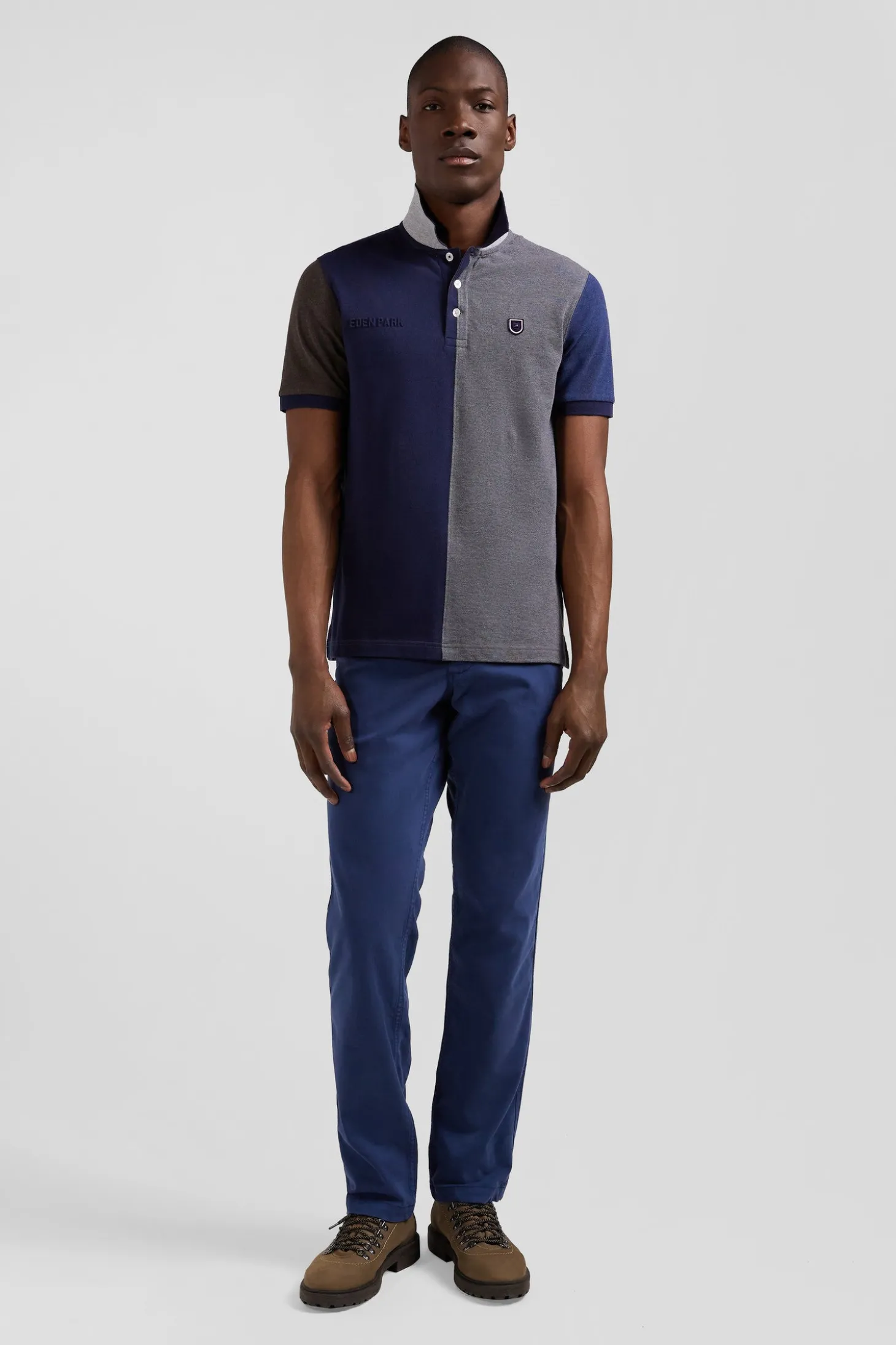 Regular grey colorblock short-sleeved cotton piqué polo shirt