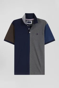 Regular grey colorblock short-sleeved cotton piqué polo shirt