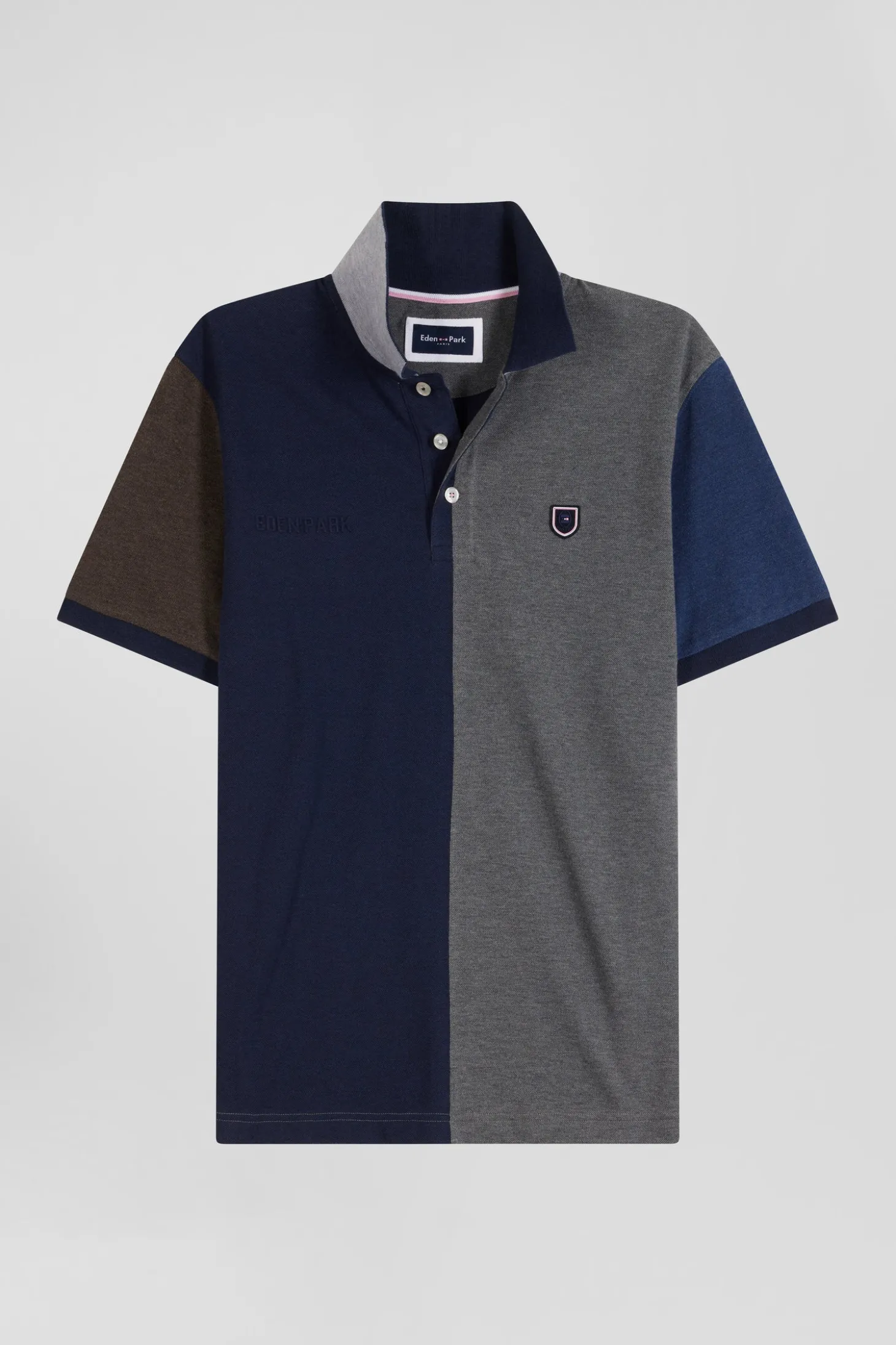 Regular grey colorblock short-sleeved cotton piqué polo shirt