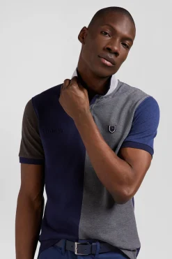 Regular grey colorblock short-sleeved cotton piqué polo shirt