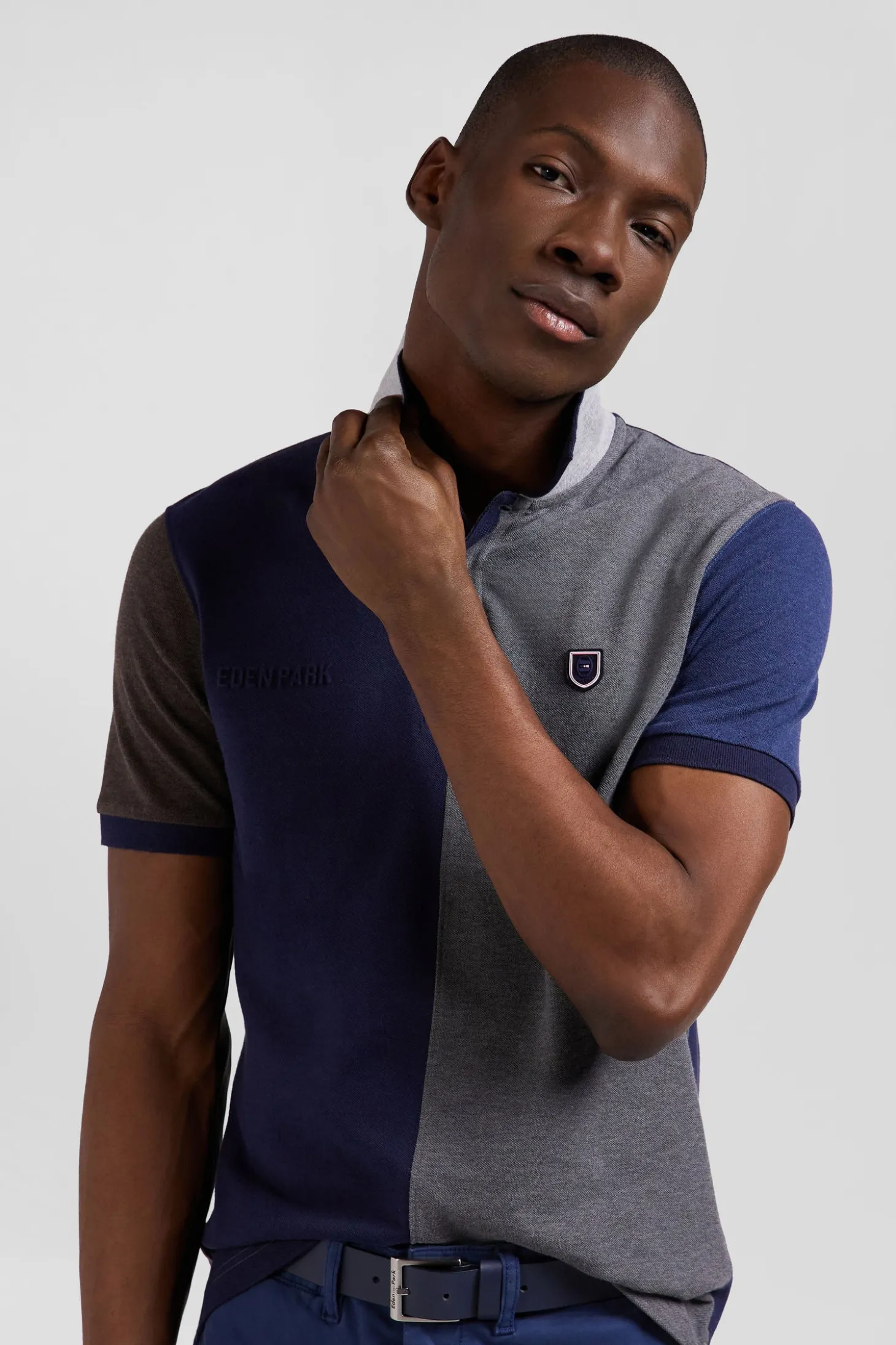 Regular grey colorblock short-sleeved cotton piqué polo shirt