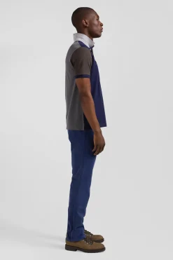 Regular grey colorblock short-sleeved cotton piqué polo shirt