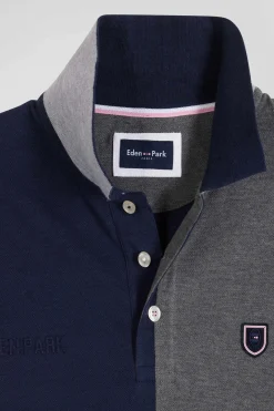 Regular grey colorblock short-sleeved cotton piqué polo shirt