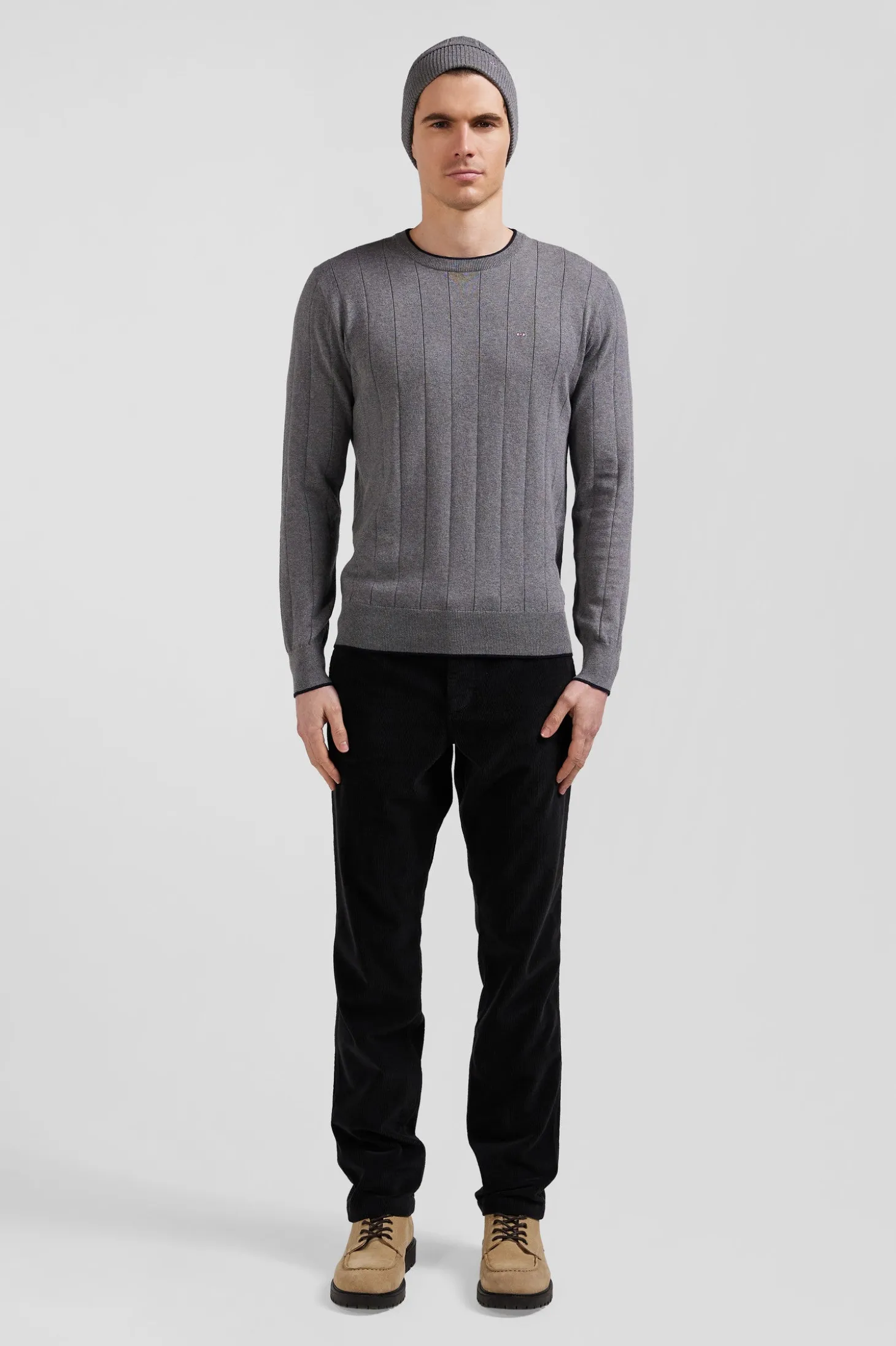 Regular grey cotton and cashmere crew neck jumper