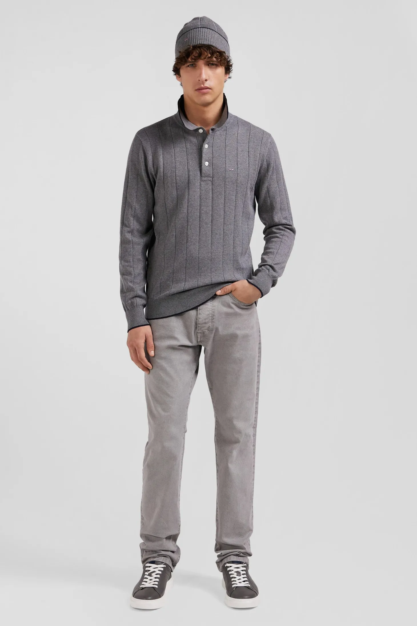 Regular grey cotton and cashmere jumper with rugby shirt collar
