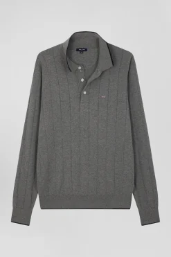 Regular grey cotton and cashmere jumper with rugby shirt collar