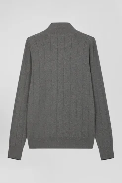 Regular grey cotton and cashmere jumper with rugby shirt collar