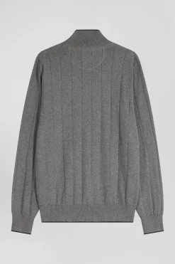 Regular grey cotton and cashmere zipped cardigan with vertical stripes
