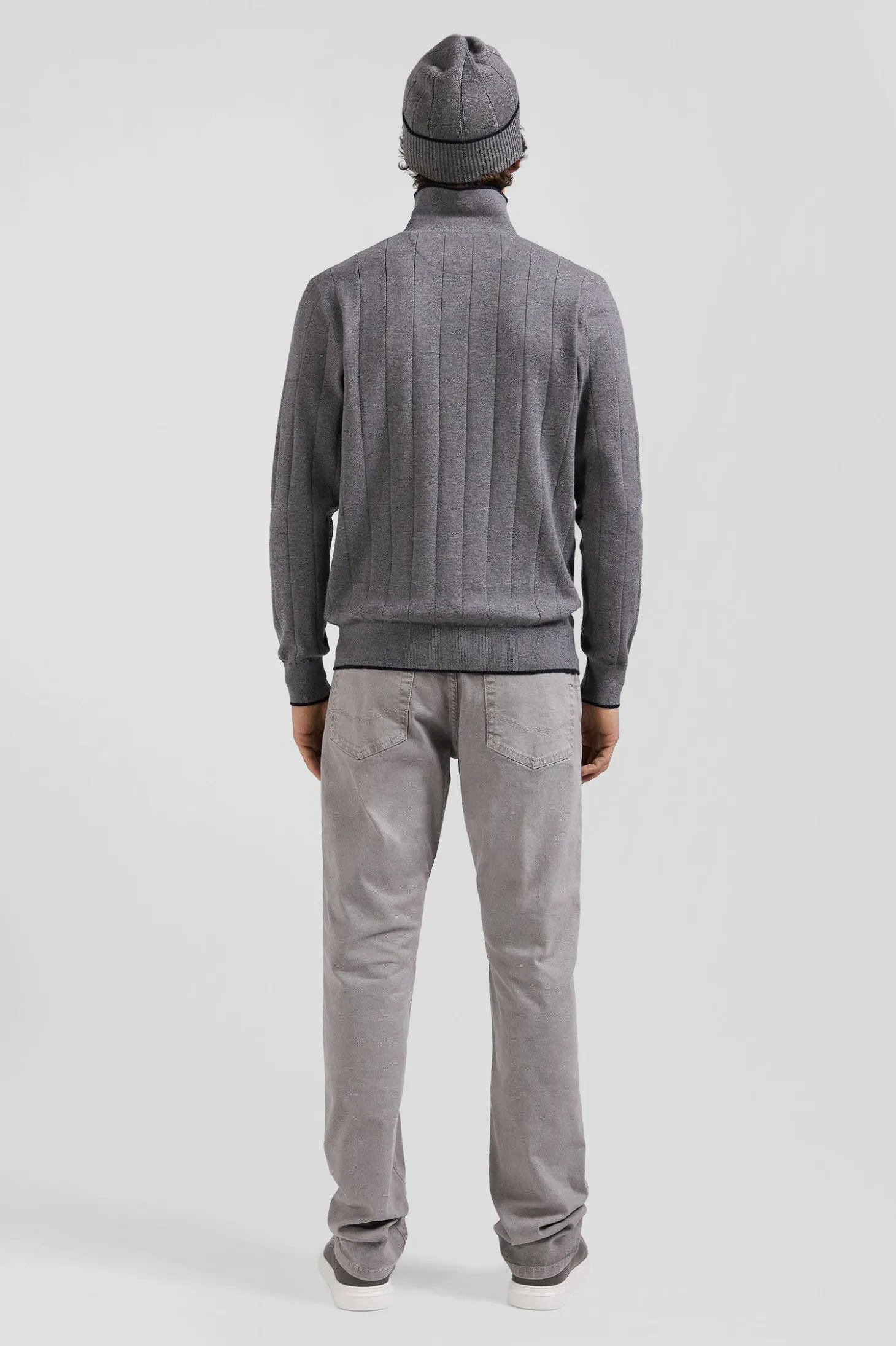 Regular grey cotton and cashmere jumper with rugby shirt collar