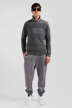 Regular grey cotton crew neck jumper with knit patterns