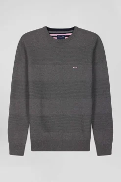 Regular grey cotton crew neck jumper with knit patterns