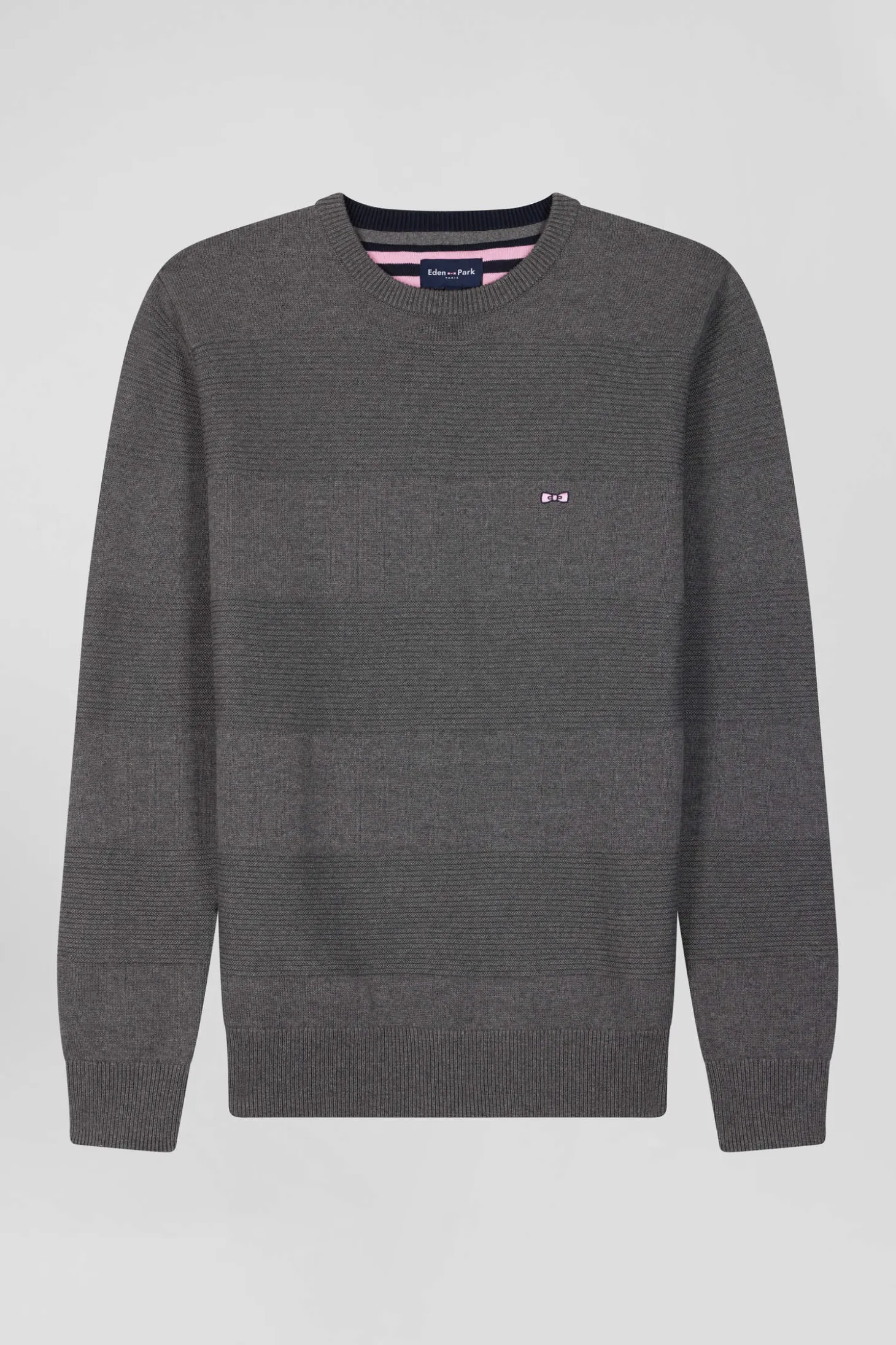 Regular grey cotton crew neck jumper with knit patterns