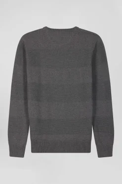 Regular grey cotton crew neck jumper with knit patterns