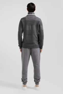 Regular grey cotton crew neck jumper with knit patterns