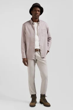 Regular grey cotton poplin shirt with button-down collar and printed elbow patches