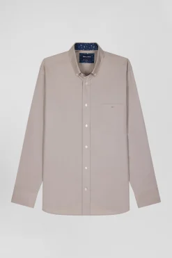 Regular grey cotton poplin shirt with button-down collar and printed elbow patches