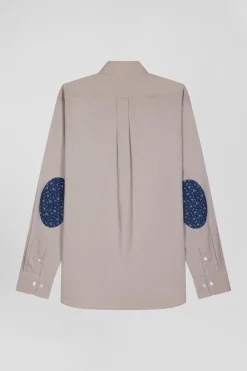 Regular grey cotton poplin shirt with button-down collar and printed elbow patches