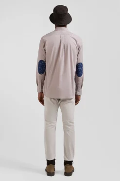 Regular grey cotton poplin shirt with button-down collar and printed elbow patches
