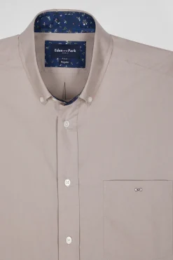 Regular grey cotton poplin shirt with button-down collar and printed elbow patches