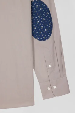 Regular grey cotton poplin shirt with button-down collar and printed elbow patches