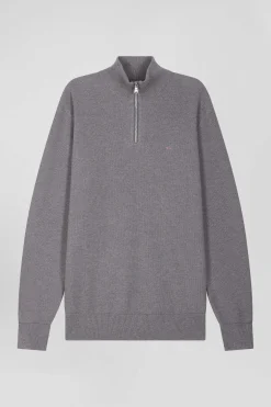 Regular grey cotton semi-zipped jumper