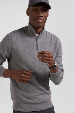 Regular grey cotton semi-zipped jumper