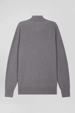 Regular grey cotton semi-zipped jumper