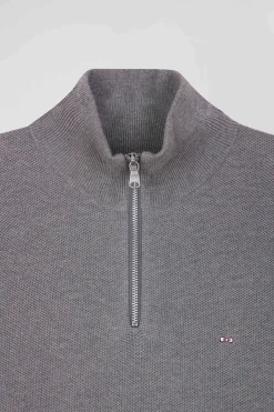Regular grey cotton semi-zipped jumper