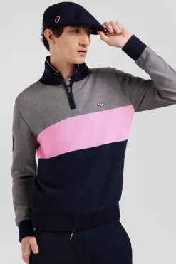 Regular grey embroidered semi-zipped colorblock cotton jumper