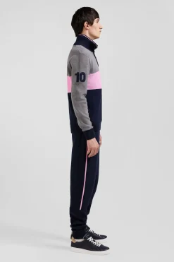 Regular grey embroidered semi-zipped colorblock cotton jumper
