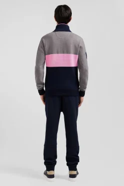 Regular grey embroidered semi-zipped colorblock cotton jumper