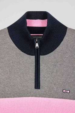 Regular grey embroidered semi-zipped colorblock cotton jumper