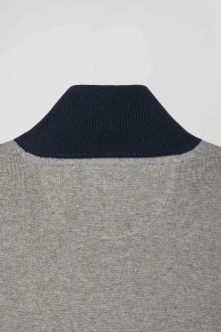 Regular grey embroidered semi-zipped colorblock cotton jumper