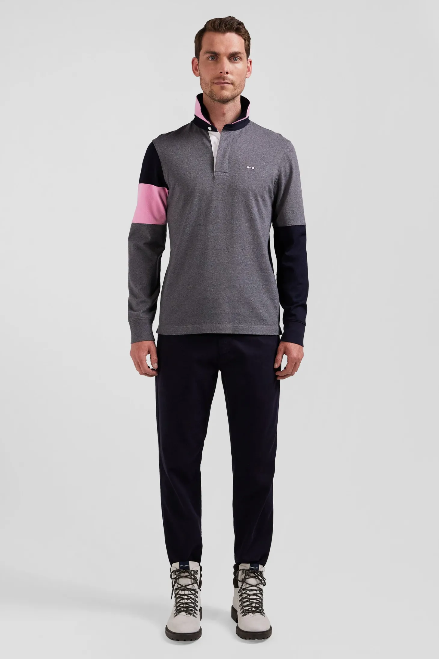 Regular grey long-sleeved cotton rugby shirt with tie fabric patchwork