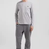 Regular grey long-sleeved cotton T-shirt with striped bow tie embroidery