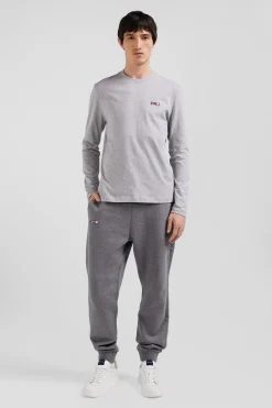 Regular grey long-sleeved cotton T-shirt with striped bow tie embroidery
