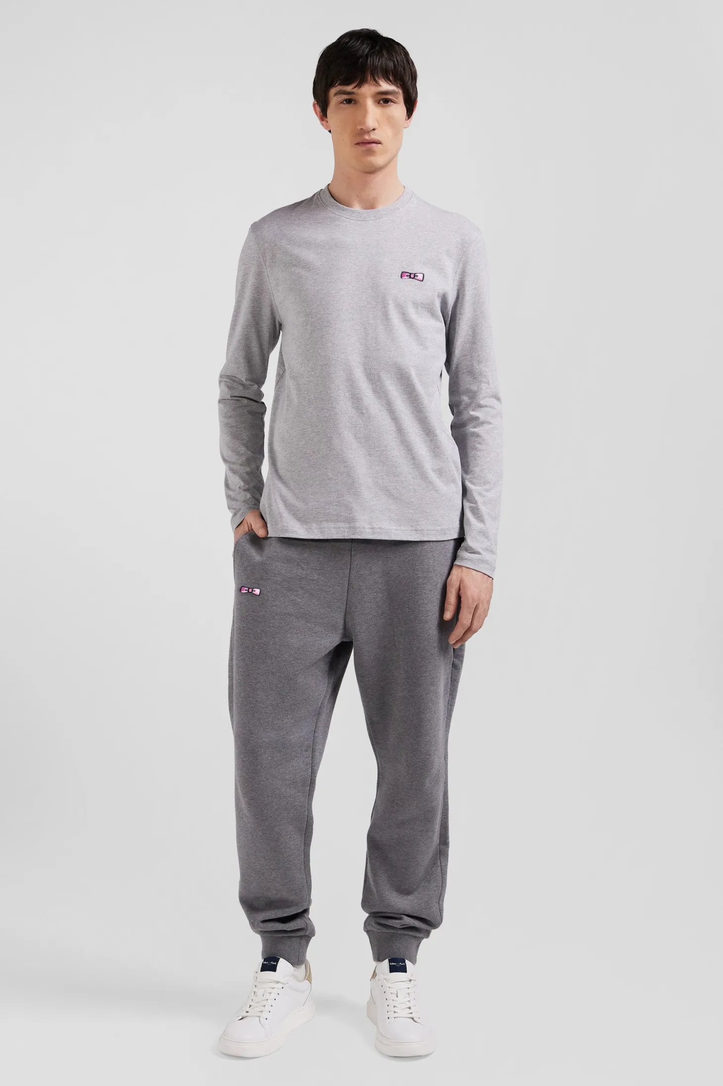 Regular grey long-sleeved cotton T-shirt with striped bow tie embroidery