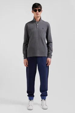 Regular grey long-sleeved cotton piqué polo shirt with tricolor details