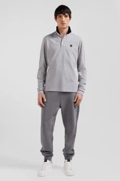 Regular grey long-sleeved cotton piqué polo shirt with rubber badge