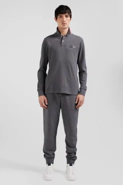 Regular grey long-sleeved cotton piqué polo shirt with pink details